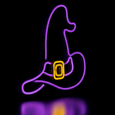 15'' Purple LED Lighted Neon Style Witch Hat Halloween Window Silhouette