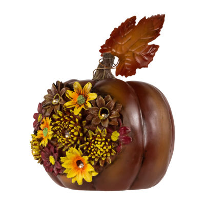 Northlight "8"" Lighted Solar Powered Floral Fall Harvest Pumpkin Outdoor Decoration" Thanksgiving Yard Art