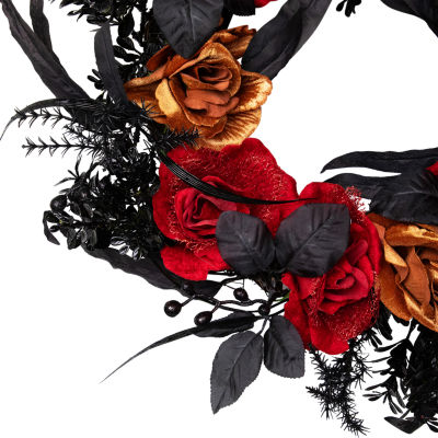 Northlight 22in Red And Gold Roses Black Foliage Wreath