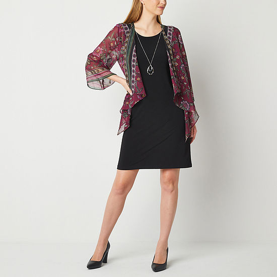Studio 1 Faux-Jacket Dress With Removable Necklace, Color: Wine Green ...