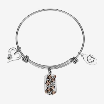 Footnotes Stainless Steel Flower Round Bangle Bracelet