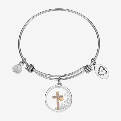 Footnotes Faith Stainless Steel Solid Cross Heart Bangle Bracelet