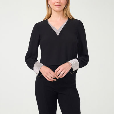 MSK Rhinestone Womens V Neck Long Sleeve Blouse, Color: Black - JCPenney