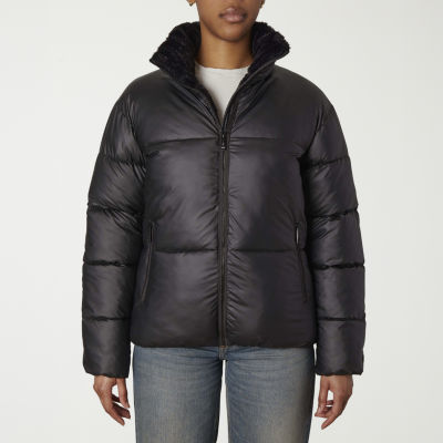 Nicole Miller Womens Faux Leather Lined Midweight Puffer Jacket