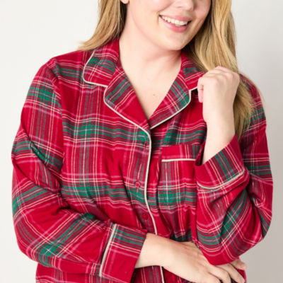 Essentials Women’s Flannel Pajama Set – Long-Sleeve Button Shirt & Pants, Festive Tree Print, Cozy