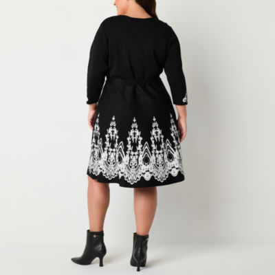 Jessica Howard Womens 3/4 Sleeve Scroll Sweater Dress Plus