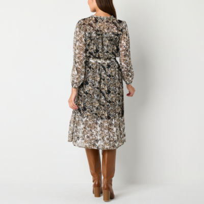 Frye and Co. Womens Long Sleeve Floral Midi Fit + Flare Dress