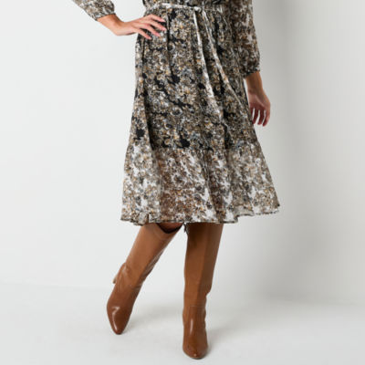 Frye and Co. Womens Long Sleeve Floral Midi Fit + Flare Dress