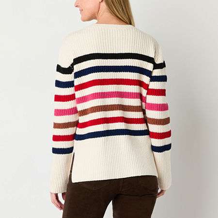 St. John's Bay Womens Crew Neck Long Sleeve Striped Pullover Sweater, Petite Small, White