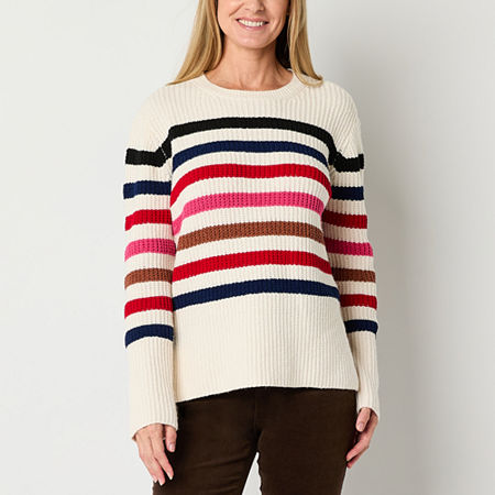 St. John's Bay Womens Crew Neck Long Sleeve Striped Pullover Sweater, Petite Small, White