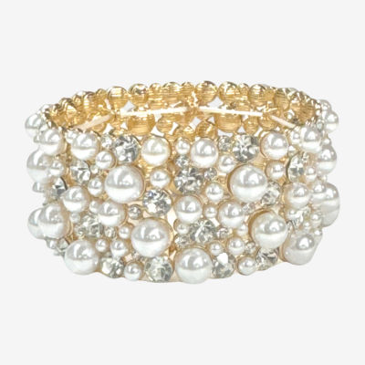 Bijoux Bar Gold Tone Gold Crystal Simulated Pearl Stretch Bracelet