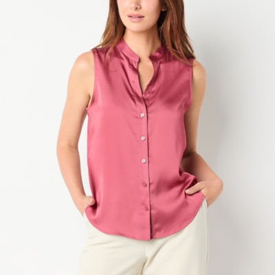 Worthington Womens Henley Neck Short Sleeve Satin Blouse