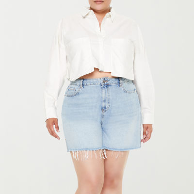 Forever 21 Juniors Plus Cropped Womens Long Sleeve Button-Down Shirt