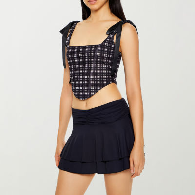 Forever 21 Corset Plaid Tie Sleeve Tank Womens Square Neck Sleeveless Crop Top Juniors