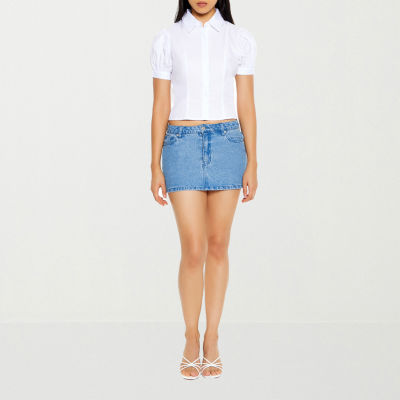 Forever 21 Juniors Bow Woven Cropped Womens Short Sleeve Button-Down Shirt