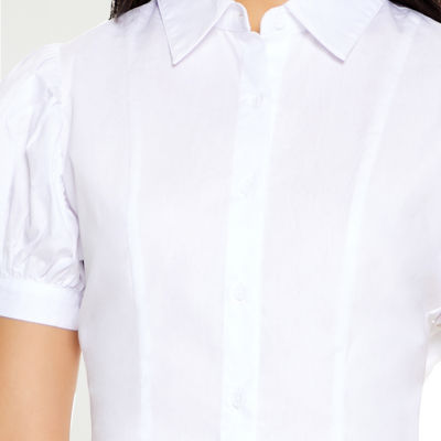 Forever 21 Juniors Bow Woven Cropped Womens Short Sleeve Button-Down Shirt