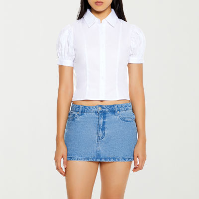 Forever 21 Juniors Bow Detail Cropped Womens Short Sleeve Button-Down Shirt