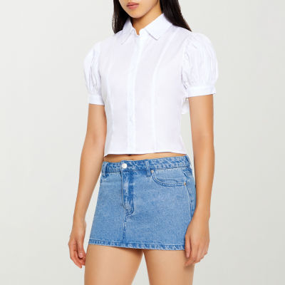 Forever 21 Juniors Bow Detail Cropped Womens Short Sleeve Button-Down Shirt