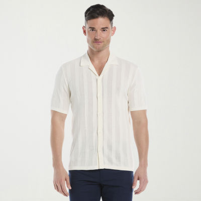 Cubavera Mesh Stripe Coatfront Sweater Mens Short Sleeve Button Cardigan