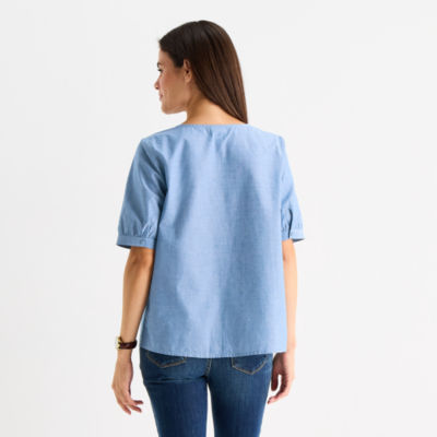 St. John's Bay Womens Split Tie Neck Elbow Sleeve Blouse