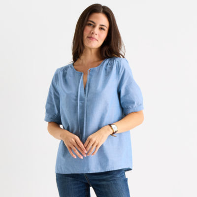St. John's Bay Womens Split Tie Neck Elbow Sleeve Blouse