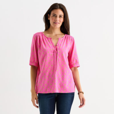 St. John's Bay Womens Split Tie Neck Elbow Sleeve Blouse
