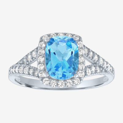 Womens Genuine Blue Topaz Sterling Silver Cushion Halo Side Stone ...