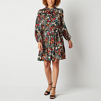 Maia Long Sleeve Floral Fit + Flare Dress, Color: Black Multi