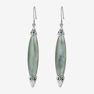 Bali Inspired Genuine Green Abalone and Mother of Pearl Sterling Silver Marquise Drop Earrings