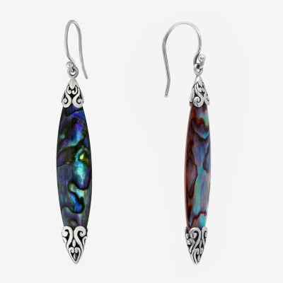 Bali Inspired Genuine Green Abalone and Mother of Pearl Sterling Silver Marquise Drop Earrings