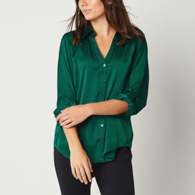 by&by Juniors Womens Elbow Sleeve Regular Fit Button-Down Shirt