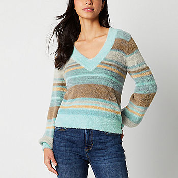 a.n.a Eyelash Stripe V Neck Womens Long Sleeve Pullover Sweater, Color:  Cotton Candy Multi - JCPenney