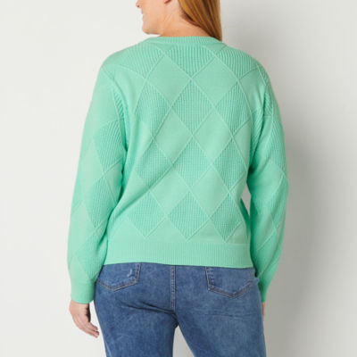 St. John's Bay Plus Diamond Stitch Womens Crew Neck Long Sleeve Pullover Sweater