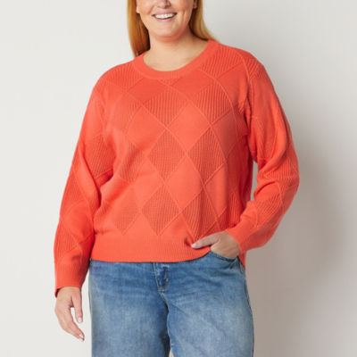 St. John's Bay Plus Diamond Stitch Womens Crew Neck Long Sleeve Pullover Sweater