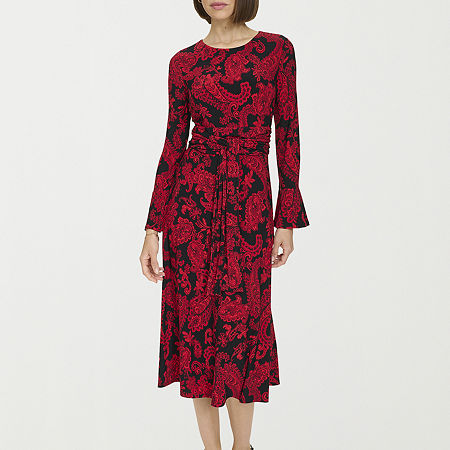 Marc New York Womens Long Sleeve Paisley Midi Fit + Flare Dress, 18, Red