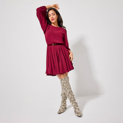 Premier Amour Fit-And-Flare Dress, Worthington Over-The-Knee Boots, Liz Claiborne Belt, Silver-Tone Hoop Earrings, Berry Lipstick