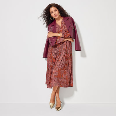 Ryegrass dress, Worthington Pointed-Toe Stilettos, Bold Elements Gold-Tone Hoop Earrings, Orange Glossy Lipstick