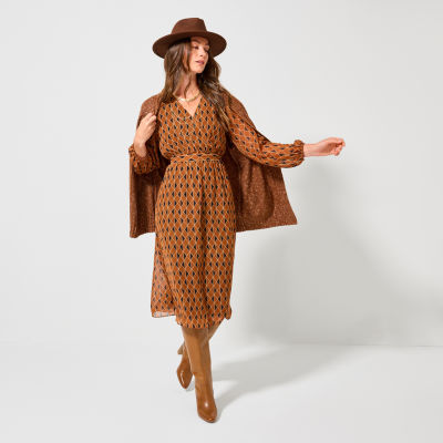 Robbie Bee Fit-And-Flare Dress, Grandpa Cardigan, a.n.a Tall Boots, Studded Fedora, Worthington Gold-Tone Mesh Collar Necklace, Drop Earrings, Brown Eyeshadow Palette