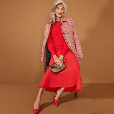 Liz Claiborne Coat, Red Sweater, Trumpet Skirt, Shoulder Bag, Worthington Silver-Tone Pearl Chain Bracelet, Stiletto Heel Pumps, Red Lip Balm