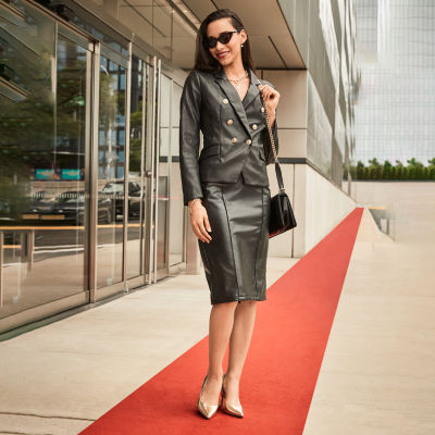 Bold Elements Faux Leather Blazer, Faux Leather Skirt, Worthington Stiletto Heel Pumps, Gold-Tone Strand Necklace, Curb Chain Bracelet, Black Liquid Eyeliner