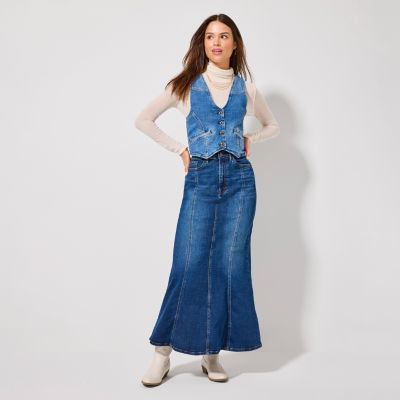A.n.a Denim Vest, Mock Neck Shirt, High-Rise Fit-And-Flare Denim Maxi Skirt, Arizona Jean Co. Cowboy Boots, Bold Elements Gold-Tone Necklace, Liz Claiborne Gold-Tone Textured Bangle Set