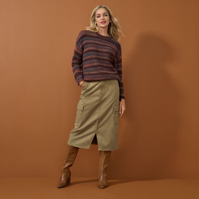 A.n.a Striped Crew Neck Sweater, Cargo Midi Skirt, Tall Boots, Drop Earrings, Eyebrow Pencil