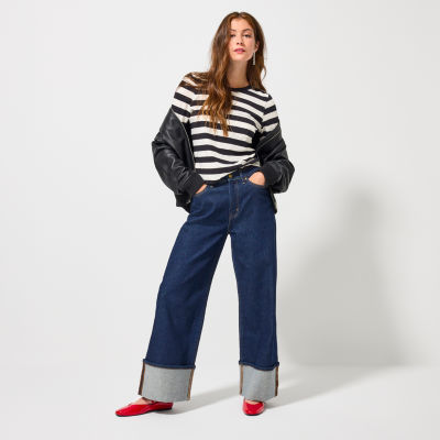 A.n.a Faux Leather Motorcycle Jacket, Crew Neck Long-Sleeve T-Shirt, High-Rise Cuffed Wide-Leg Jeans, Liz Claiborne Drop Earrings, Skincare