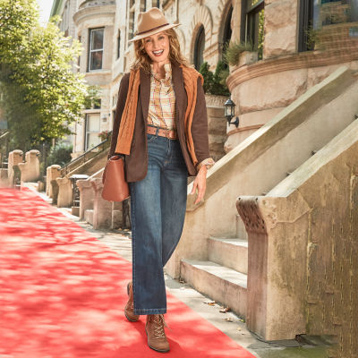 St. John's Bay Corduroy Blazer, Crew Neck Pullover Sweater, Plaid Ruffle Blouse, High-Rise Wide-Leg Jeans, Hiking Boots, a.n.a Panama Hat, Satchel