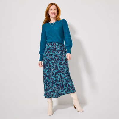 Liz Claiborne Pointelle Sweater, Printed Midi Skirt, Riding Boots, Clip-On Hoop Earrings, Necklace