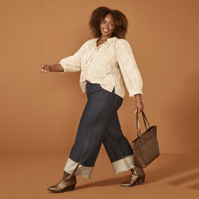 Women's Plus a.n.a Paisley Top, High-Rise Cuffed Wide-Leg Jeans, Arizona Jean Co. Stacked Heel Booties, Tote, Worthington Collar Necklace, Bangle Set, Red Lipstick