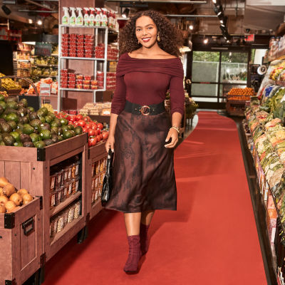 Worthington Over-The-Shoulder Knit Top, A-Line Skirt, Belt, Heel Booties, Hobo Bag, Drop Earrings, Berry Lipstick, Curly Hair Product