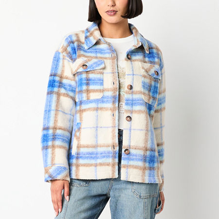 Arizona Plaid Shacket Midweight Womens Juniors Shirt Jacket, X-large, Beige