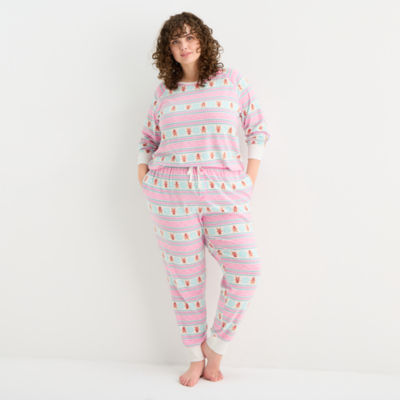 Sleep Chic Womens Fleece Crew Neck Long Sleeve 2-pc. Pajama Sets