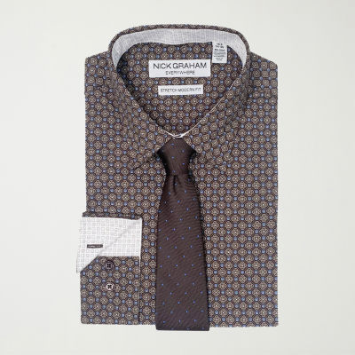 Nick Graham Mens Spread Collar Long Sleeve Shirt + Tie Set Fitted